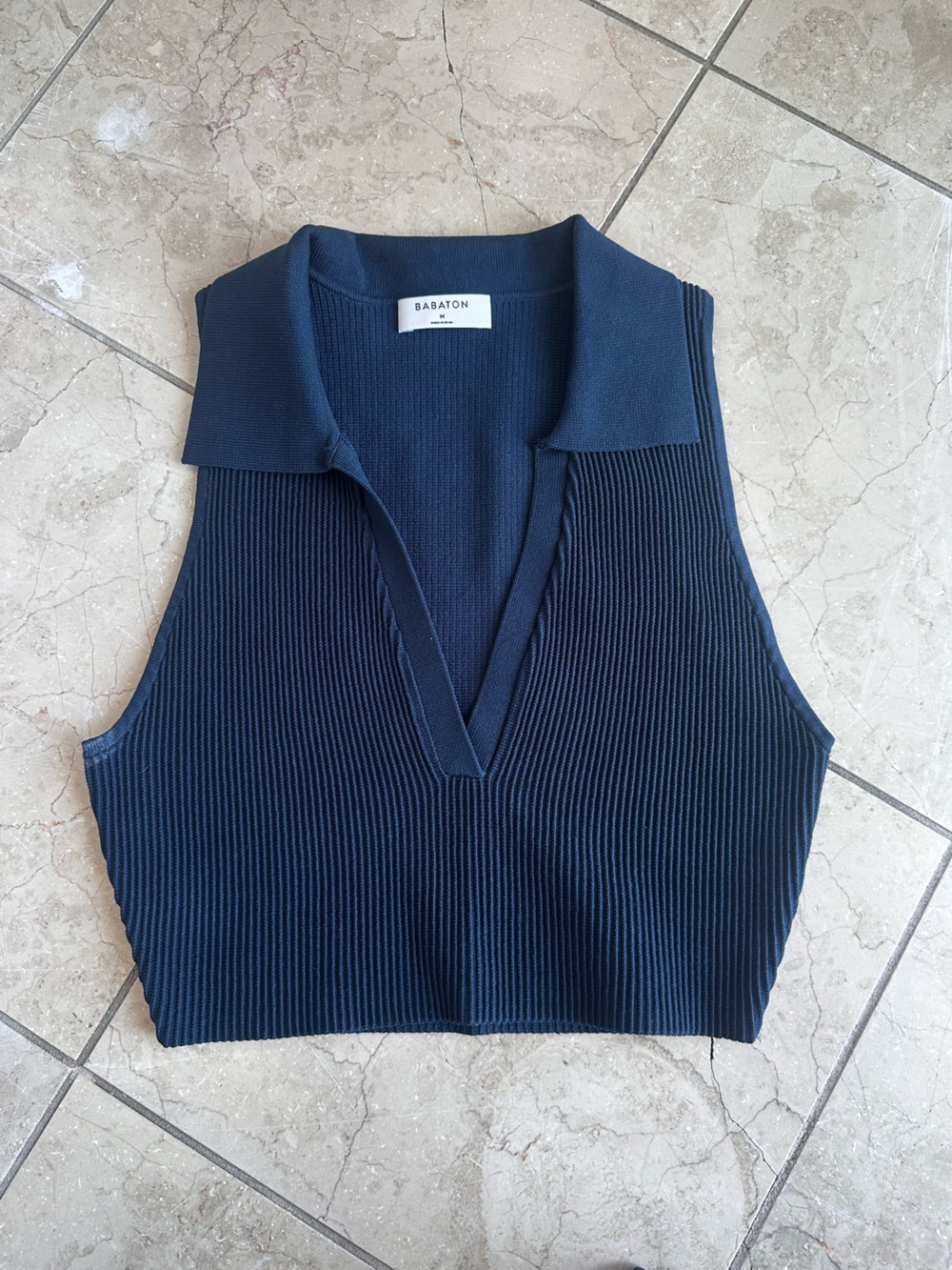 Babaton Dark Navy Ribbed V-Neck  Top